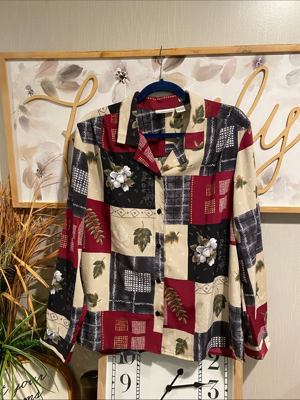 Alfred Dunner Patchwork Floral Button-Up Shirt in Burgundy, Black & Cream